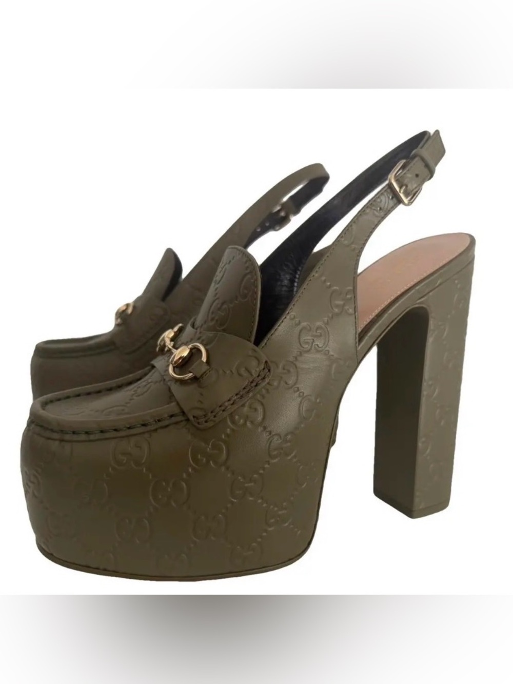 Gucci Olive Embossed GG Platform Slingback Heels with Gold Hardware